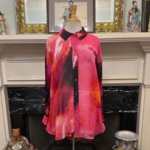 DKNY Sheer Pink and Orange Print Blouse